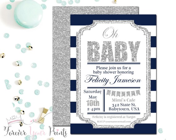 NAVY & SILVER BOYS Baby Shower Invitation, Baby Shower Invitation Boy, Printable Baby Shower Invite, Glitter Baby Shower, Silver Baby Il_570xn