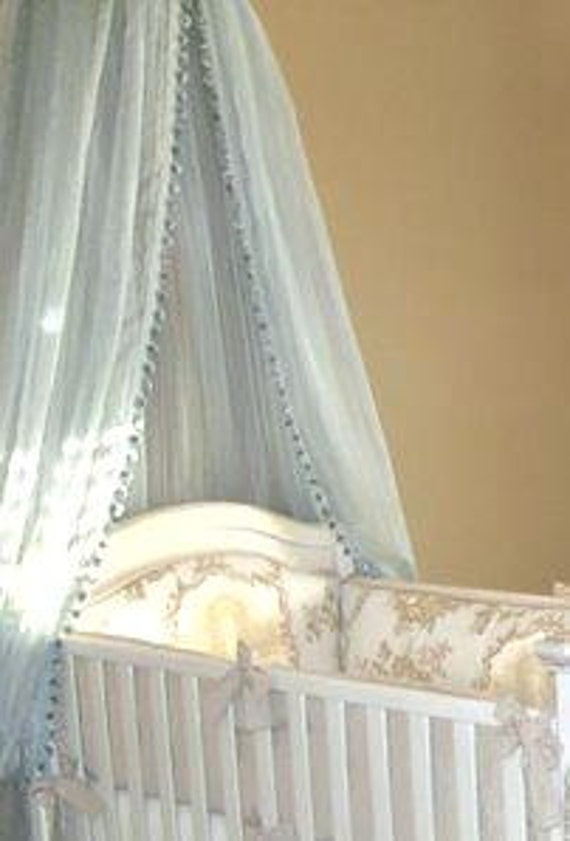 Blue Sheer Bed Canopy with pom pom trim