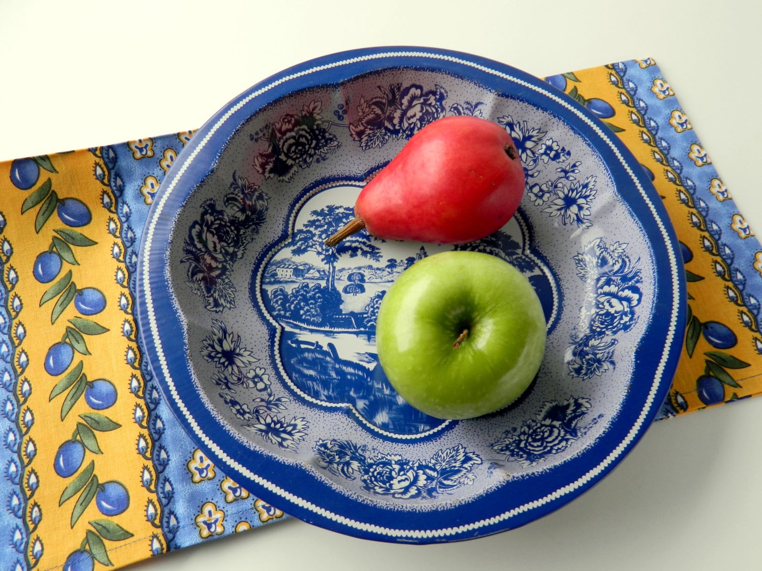 Vintage Blue and White Metal Decorative Bowl for Rustic Farmhouse or