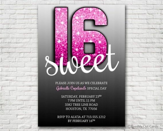 Glittery Sweet 16 on Black and White - Printable or Printed (w/ FREE Envelopes) Il_570xn