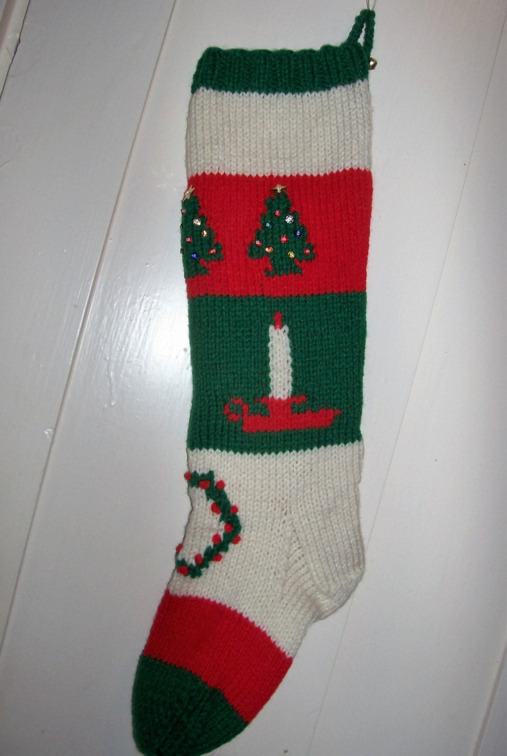 2016 Hand Knit Christmas Stocking Old Pattern Candle Trees