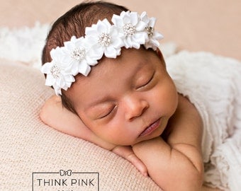 White baby headband, Newborn headband, Christening Headband, Baptism Headband,Baby girl flower Headband, Rhinestone baby headband,Headbands.