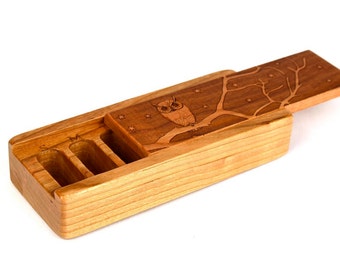 Wooden Pill Box, Owl Laser Engraved, V13a, Medium Depth, Solid Cherry, Paul Szewc