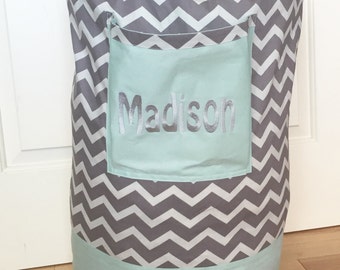 Monogrammed Laundry Duffel Bag, Teal, Grey and White Chevron, Laundry Bag, Laundry Bag for College, Hanging Laundry Bag, Laundry Hamper