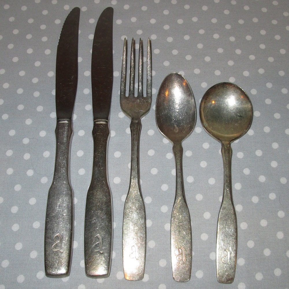 Vintage Oneida Silversmiths Silver Monogram A The Abbey Silverware Tableware Hotel Knife Fork