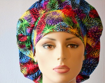 Fireworks Display Bouffant Scrub Hats -Patriotic Fireworks-Holiday Scrub Hats-Labor Day Scrub Hats-Scrub Caps-SilverCaps-Womens Scrub Hats