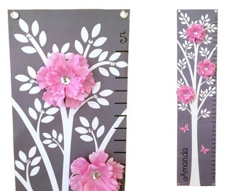 Personalized Growth Chart Children Baby Canvas Growth Chart Tree Pink Flower
