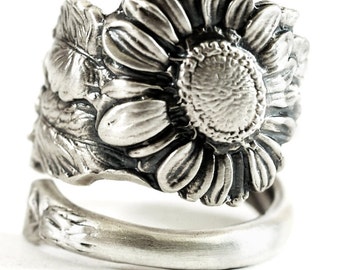 Sunflower Ring, Sterling Silver Spoon Ring, Art Nouveau, Sunflower Jewelry, Thumb Ring, Floral Ring, Flower Ring, Adjustable Ring Size, 5803