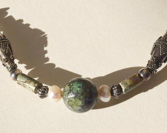 Sterling and Balinese Silver 24" Necklace with Chinese Turquoise and Pearls