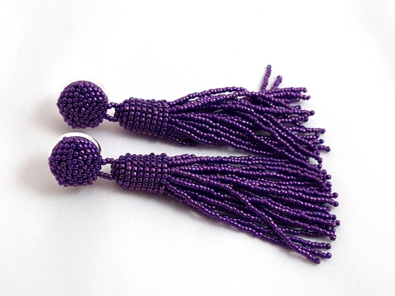 Beaded purple tassel earrings bridesmaid gift by RebekeJewelry