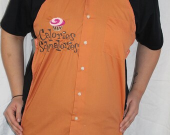 Handmade Apron embroidered with 'Calories Shmalories' and a cupcake made from Man's dress Shirt