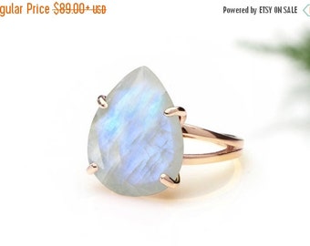 SUMMER SALE - Rainbow moonstone ring,cocktail ring,rose gold ring,teardrop ring,gemstone ring,October birthstone ring,statement ring