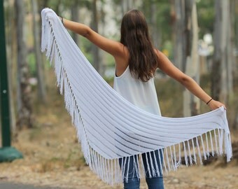 White SHAWL white Wraps Shawl knitted shawl White Wraps Shawl Long Fringe Scarf Evening shawl Womens Clothing Accessories Crochet Shawl