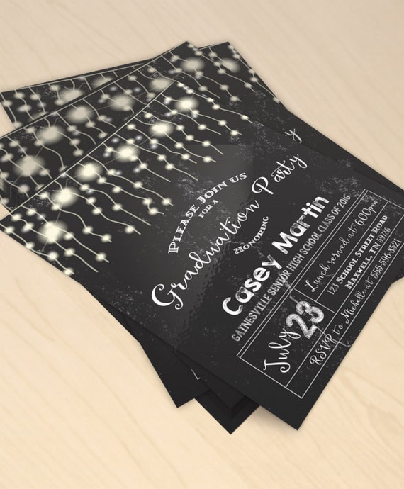 Rustic Chalkboard Printable Graduation Party Invitation - String of Lights, Fairy Lights, Modern ...