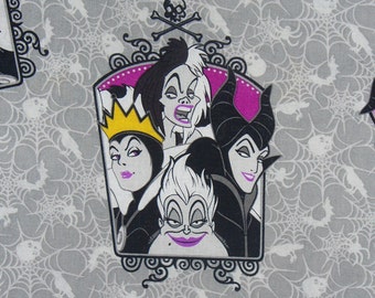 Disney Villains, Framed Villains, Cruella Deville, Maleficent, Ursula, Queen Stepmother, By the Yard, Cotton Fabric