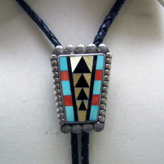 Bolo Tie Vintage Hopi Inlaid Stone Native American