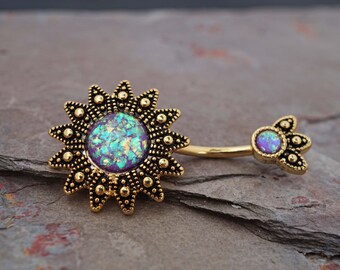 14kt Gold Belly Button Rings Purple Opal Sunburst