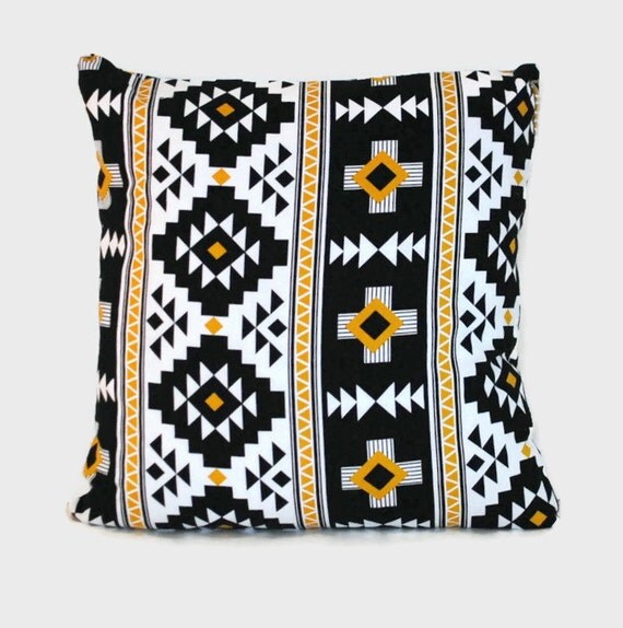 Black white gold yellow aztec throw pillow cover. One cover