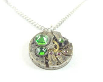 Steampunk Necklace Clockwork Jewelry With Emerald Crystals