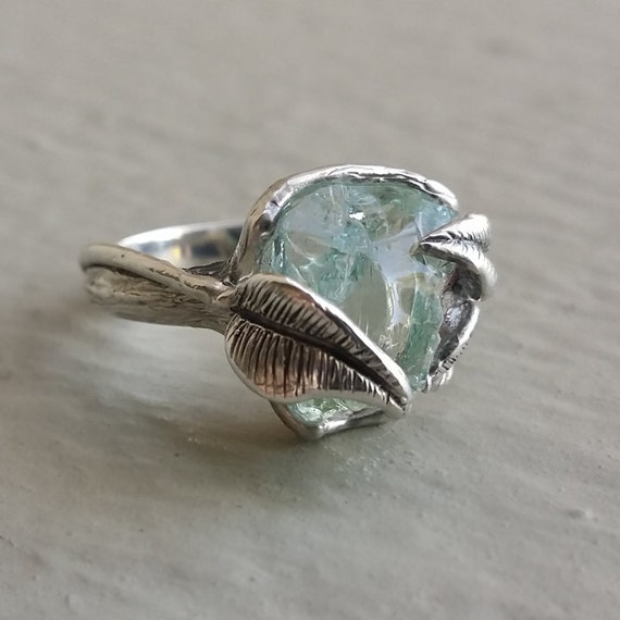 Raw Uncut Rough Blue Aquamarine Ring Sterling Silver Leaf and