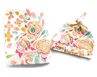 Swaddle Blanket And Newborn Hat Bright Spring Floral- Floral Swaddle Blanket-Floral Baby Blanket- Girl Newborn Blanket-Hospital Outfit