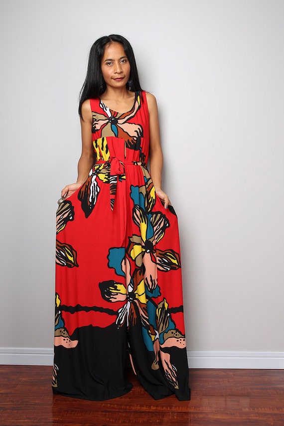 Red Floral Jumpsuit Comfy Wide leg Jumper Maxi Dress with