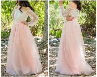 Blush Pink Skirt - Full Length, Floor length Tulle Skirt, Extra Full Skirt- Bridesmaid dress, Engagement Dress