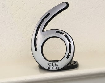 HORSESHOE number 6, 6th anniversary gift, engraving available. Traditional iron gift for sixth anniversary