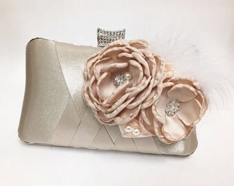 Wedding clutch, Bridal clutch, Champagne clutch, evening bag, Modern clutch, flower feather bridesmaid bag, crystal clutch, evening clutch