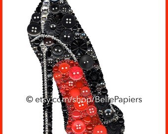 Fashion Wall Art Button Art Print Shoe Stiletto Christian Louboutin High Heel Red Bottom Shoe Black Shoe Button and Swarovski Louboutin