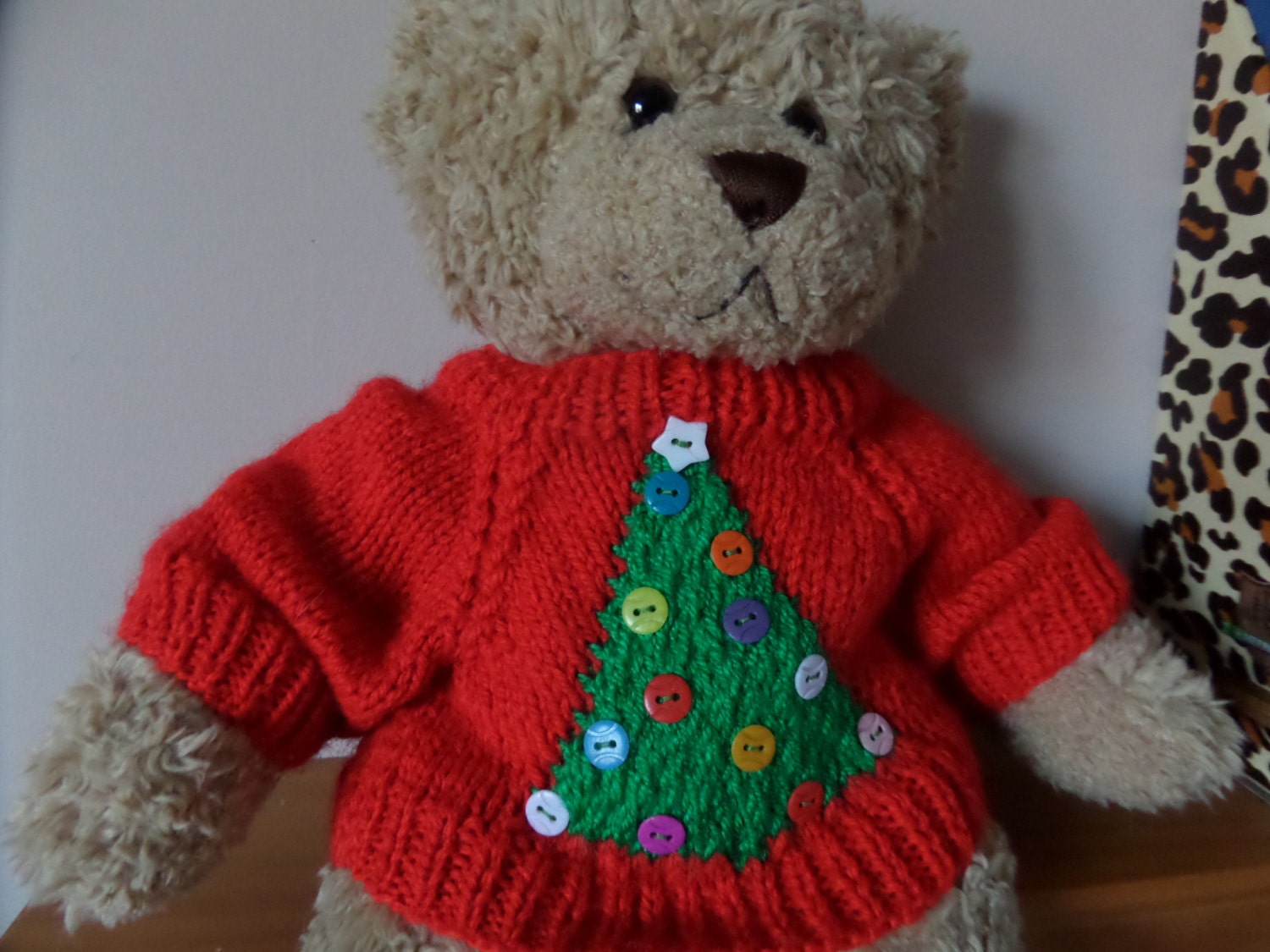 Christmas Teddy Bear Sweater Hand knitted Red Christmas