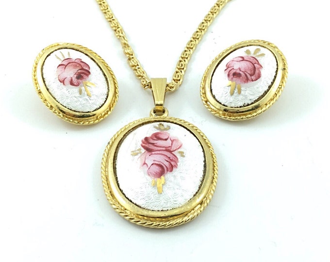 Pretty Vintage White Enamel with Pink Rose Guilloche Necklace with matching guilloche Earrings. Clip ons. Pink rose necklace & rose earrings