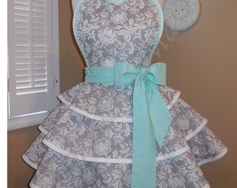 Grey Damask & Polka Dot Print Accented With Mint Green Woman's Retro Apron With Tiered Skirt And Bib