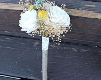 Flower Wand, Flower Girl, Toss Bouquet, Craspedia, Billy Buttons, Alternative Natural Bouquet, Keepsake Wood Bouquet, Rustic Wedding