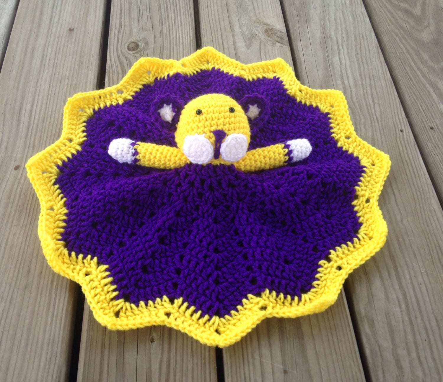 Crochet purple and gold LSU tiger lovey security blanket
