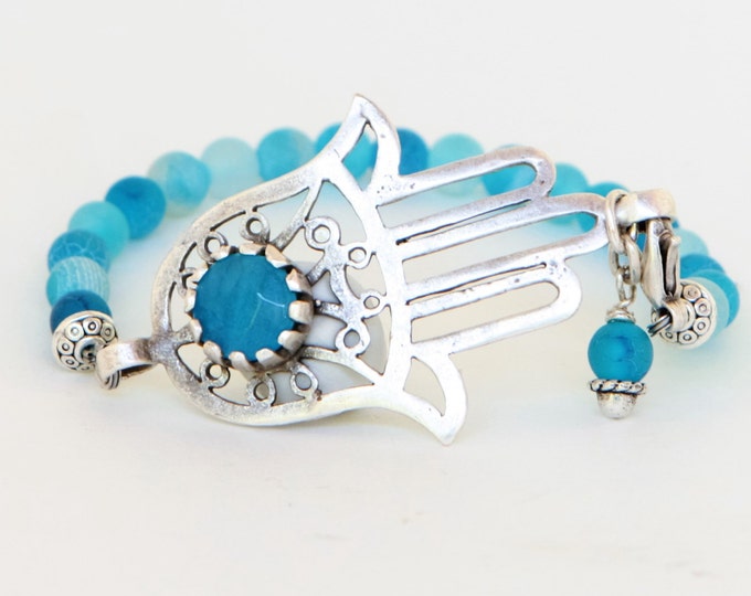 Boho bracelet, Bohemian Jewelry,Hand of Fatima bracelet, Aqua Blue Jade Stone, Zamak bracelet,Beaded bracelet, Light Blue Frosted Agate