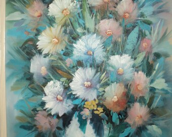 Original Floral Still Life Oil Painting in Mint Condition, Happy Harmonious Daisies against a beautiful blue background in an elegant vase