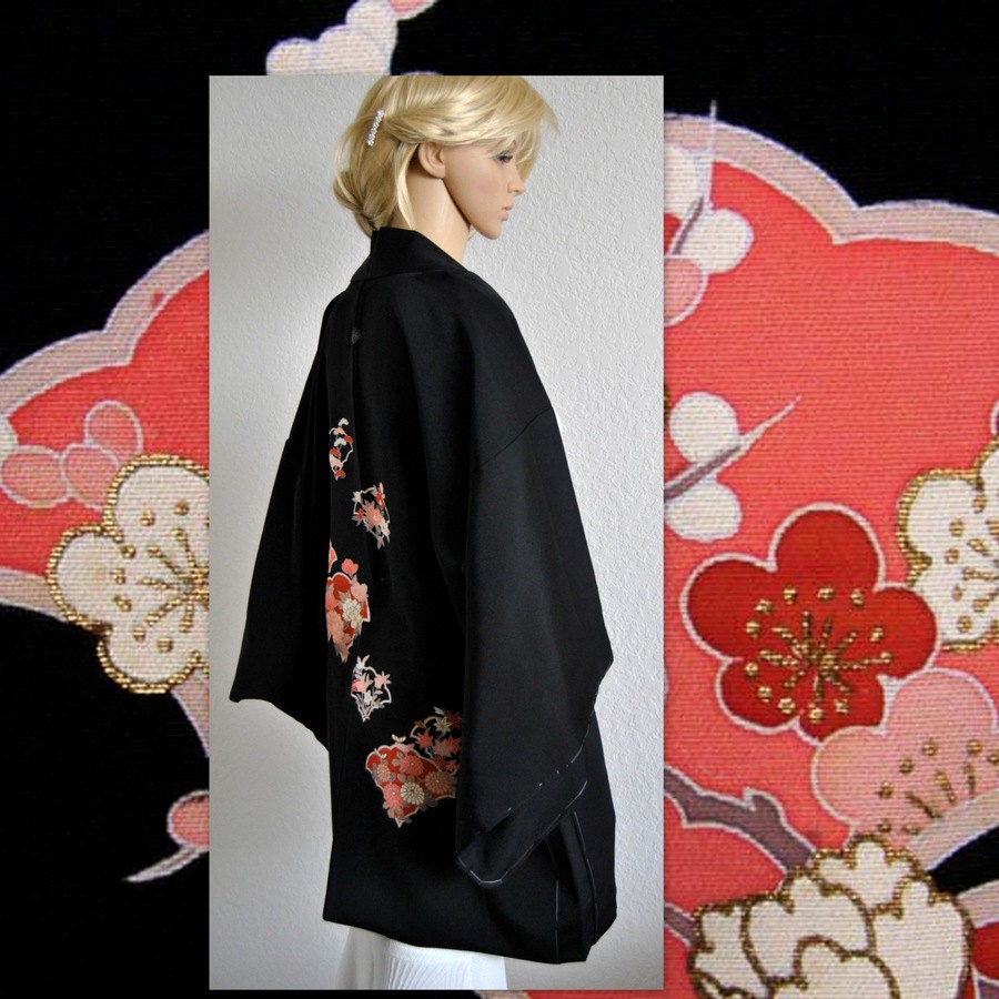 RESERVED Cherry Blossom Silk Kimono Japanese Haori Black