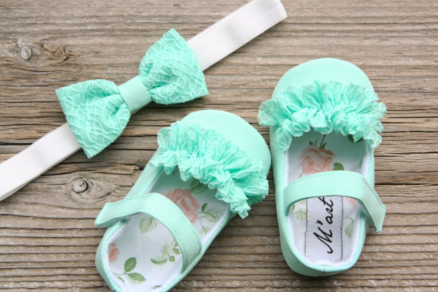 MINT baby shoes aqua green baby headband flower girl shoes