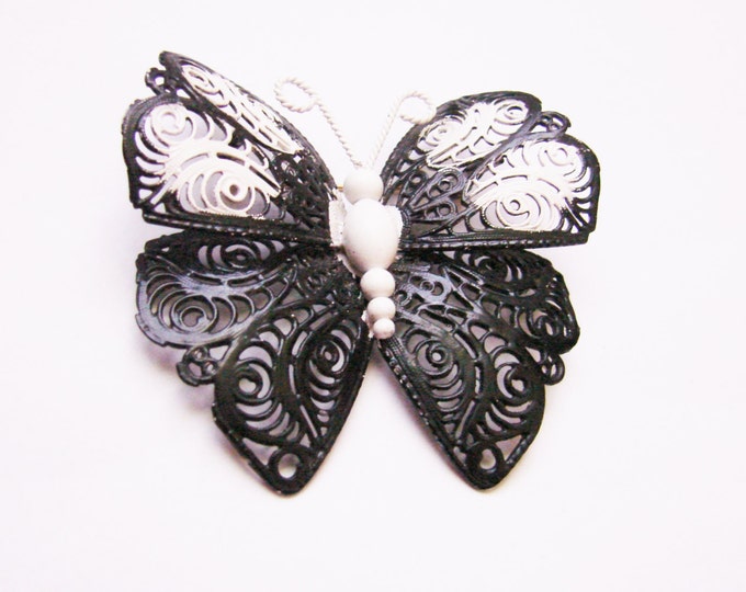 Large Monet Black & White Butterfly Brooch / Filigree / Enamel / Designer Signed / Vintage Jewelry / Jewellery