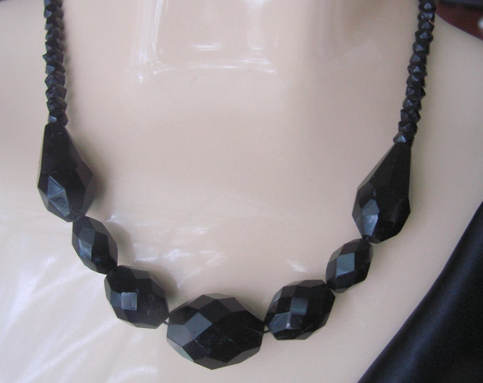 Antique Black Faceted Glass Bead Choker Necklace / Early 20th Century / Vintage Jewelry