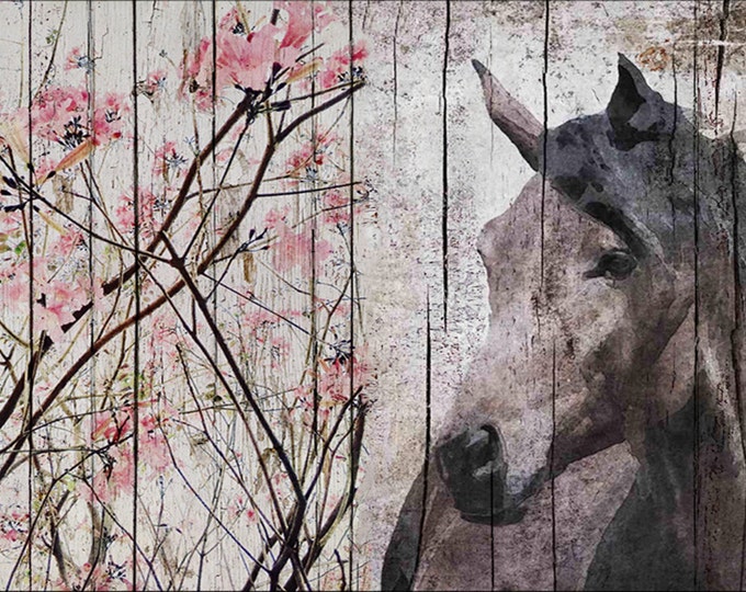 Horse Le Muse and Blooming Pink Tree. Large Horse, Horse Wall Decor Brown Horse Large Contemporary Canvas Art Print up to 72" by Irena Orlov