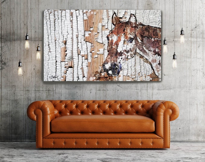 The Observer 2. Extra Large Horse, Horse Wall Decor, Brown Rustic Wooden Horse, Large Contemporary Canvas Art Print up to 72" by Irena Orlov