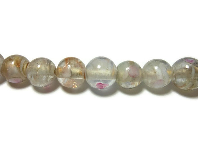 Lampwork bead, lampwork glass 10mm round bead, pink and white bumpy beads with swirls of gold glitter inside, sold per 16-inch strand