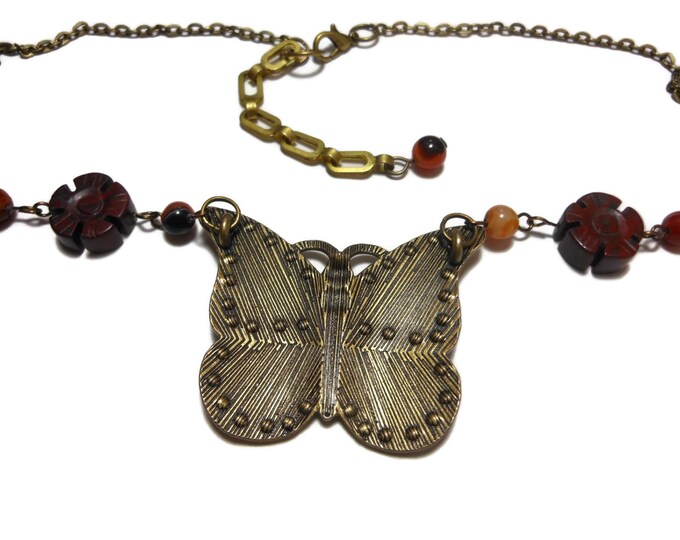 FREE SHIPPING Butterfly necklace handmade, enamel in vintage bronze, semi precious beads of brecciated jasper floral and black red agate