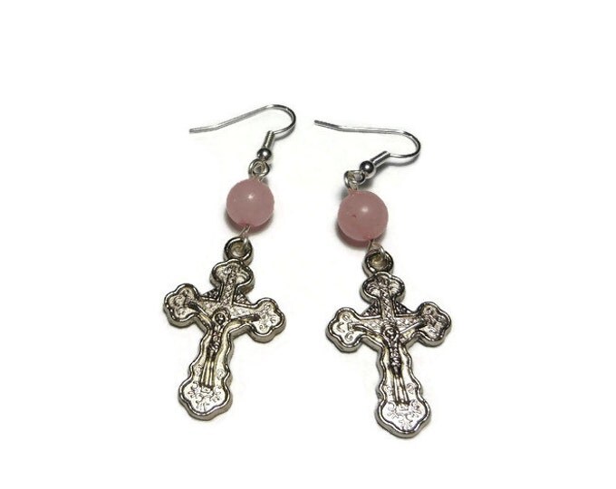Orthodox Crucifix Earrings, handmade Russian Orthodox silver plated with rose quartz beads, cross pierced dangle earrings.