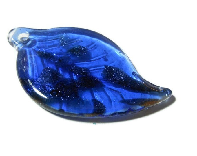 Large lampwork pendant, blue veined leaf with gold glitter highlights, leaf shape, 56 mm X 32 mm