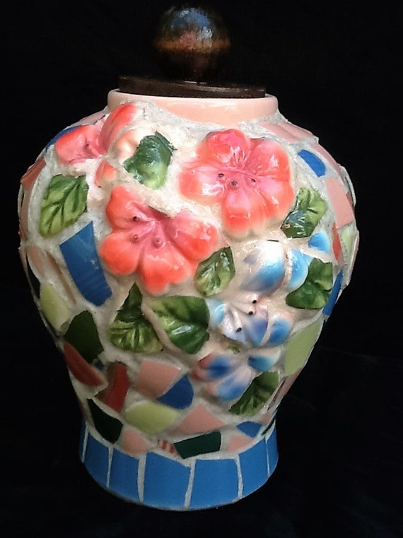 Memorial Urn Vase Mosaic Flower Peach and Blue