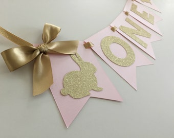 Bunny High Chair Banner in Pink and Gold for 1st Birthday. First Birthday Decorations. ONE High Chair Banner. Some Bunny is One!