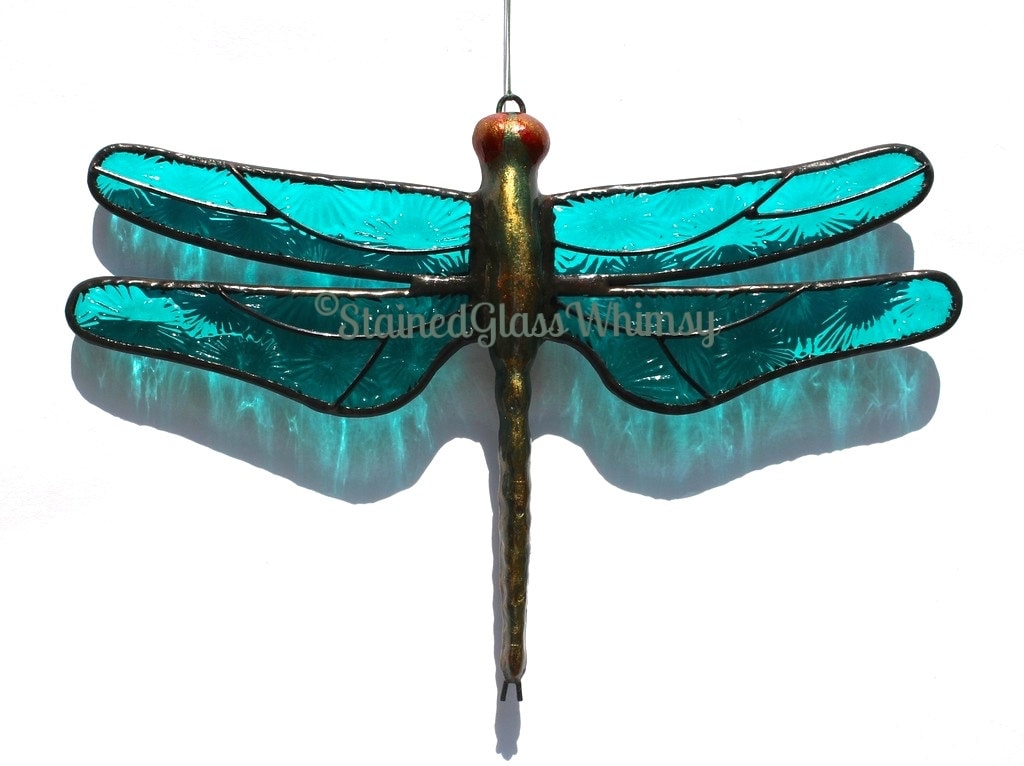 Stained Glass DRAGONFLY Suncatcher Moonlight Turquoise